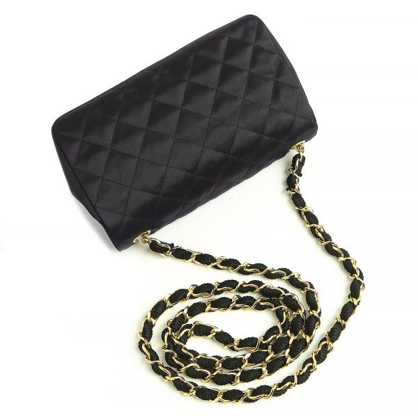 5 Chanel Satin Matelasse Single Chain Shoulder Bag Crossbody Black