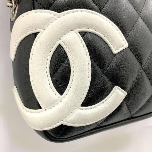 6 Chanel Cambon Line Shoulder Accessory Pouch Black White Calf Leather