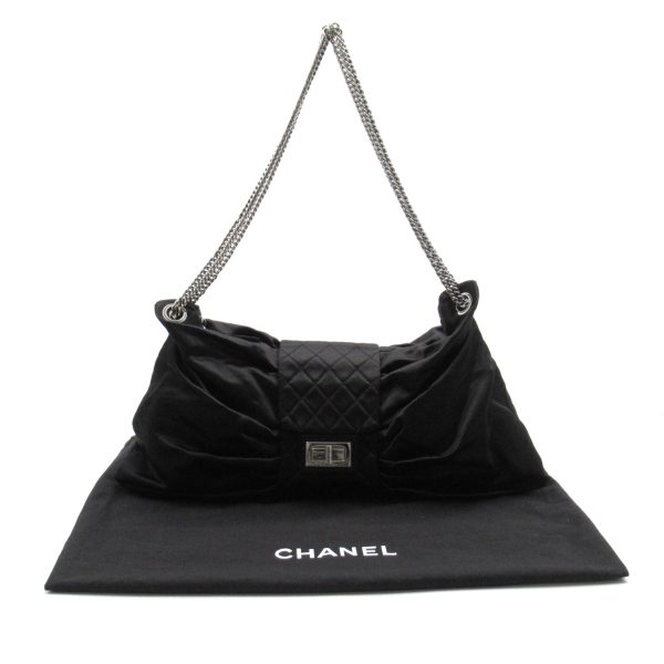 6 Chanel Ribbon Chain Shoulder Bag Fabric Black