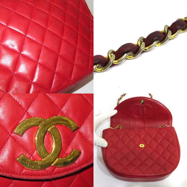 7 Chanel Matelasse Chain Shoulder Half Moon Lambskin Leather Red