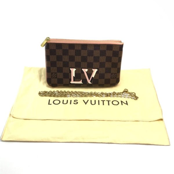 9 Louis Vuitton Pochette Double Zip Chain shoulder Damier Ebene Brown Pink Clutch Bag