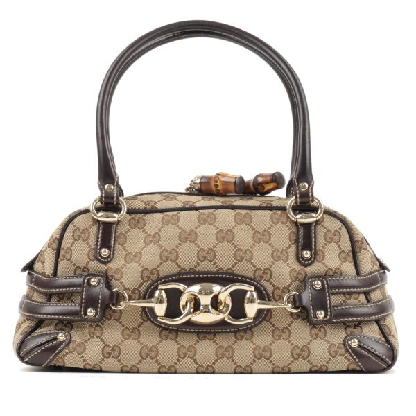 justbag03 Gucci Horsebit Bamboo GG Canvas x Leather Mini Boston Bag Handbag Beige x Brown