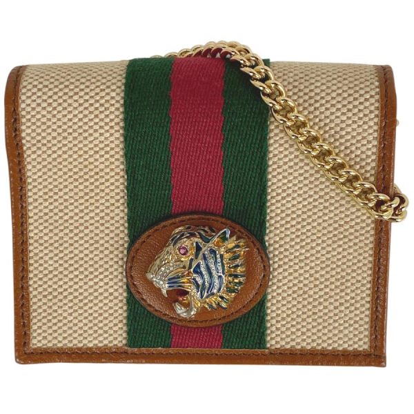 kaipre 1000038064073 i 20221112141419 Gucci Raja Chain Compact Wallet Sherry Line Web Tiger Head Bifold Wallet Canvas Beige