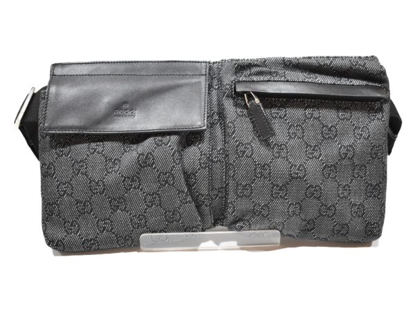 1 Gucci Body Bag GG Waist Pouch Black Dark Gray Canvas Leather