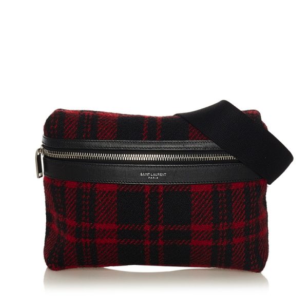 1 Saint Laurent Tartan Check Waist Bag Body Bag Red Black Wool Leather