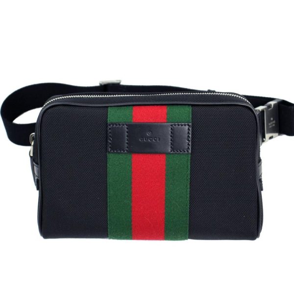 1 Gucci Body Bag Waist Pouch Webbing Line Canvas x Leather Black