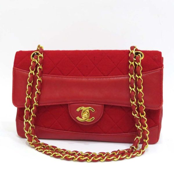 1 Chanel Matelasse Chain Shoulder Bag Red Cotton Leather