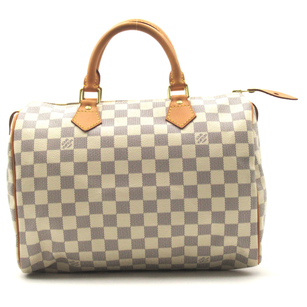 1 Louis Vuitton Speedy 30 Handbag Bag Canvas Leather Damier Azur White