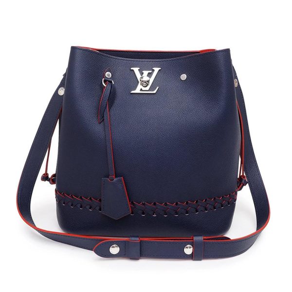 1 Louis Vuitton LockMe Bucket Shoulder Bag Grain Calf Leather Diagonal Marine Rouge Navy