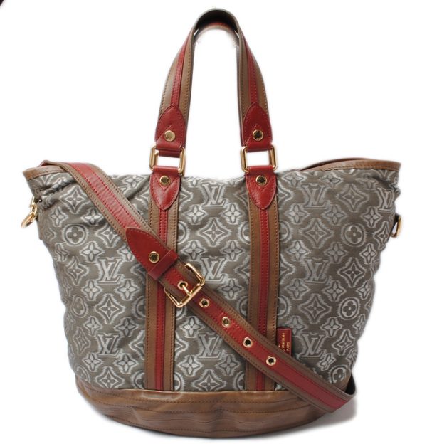 1 Louis Vuitton Tote Shoulder Bag Canvas Leather Grey Red Brown