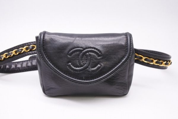 2 Chanel Belt Bag Waist Pouch Waist Bag Chain Belt Mini Bag Cocomark Turnlock Black