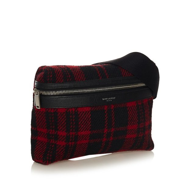 2 Saint Laurent Tartan Check Waist Bag Body Bag Red Black Wool Leather