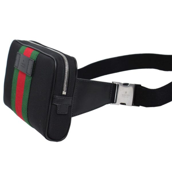 2 Gucci Body Bag Waist Pouch Webbing Line Canvas x Leather Black