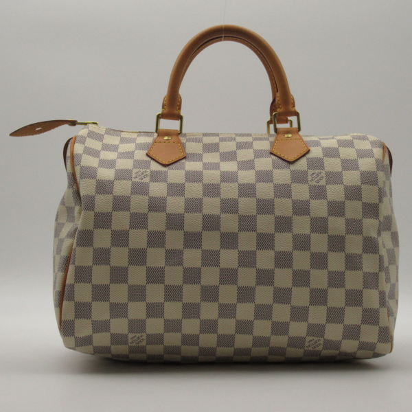 2 Louis Vuitton Speedy 30 Handbag Bag Canvas Leather Damier Azur White