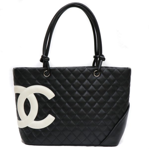 2 Chanel Cambon Line Shoulder Tote Bag Calfskin Leather Black