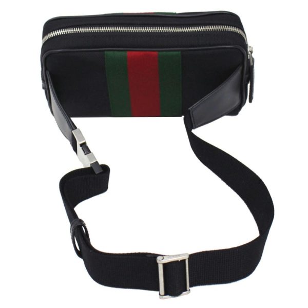 3 Gucci Body Bag Waist Pouch Webbing Line Canvas x Leather Black