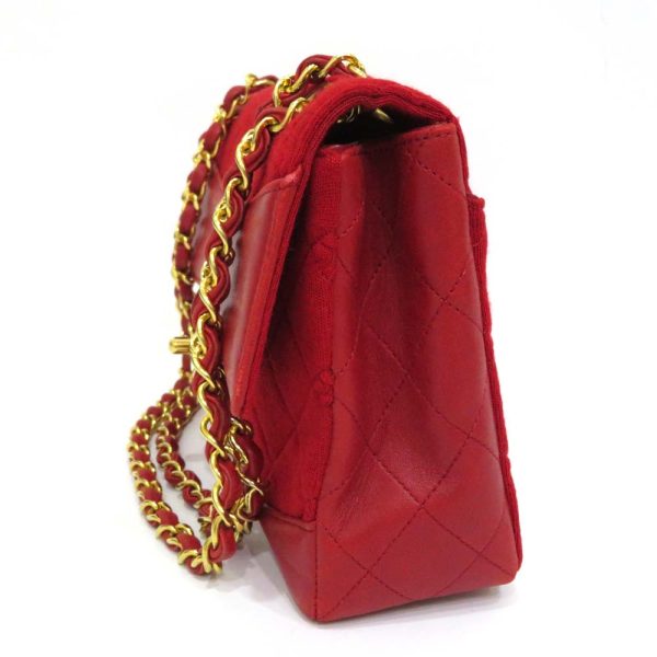 4 Chanel Matelasse Chain Shoulder Bag Red Cotton Leather