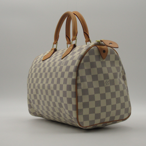 4 Louis Vuitton Speedy 30 Handbag Bag Canvas Leather Damier Azur White