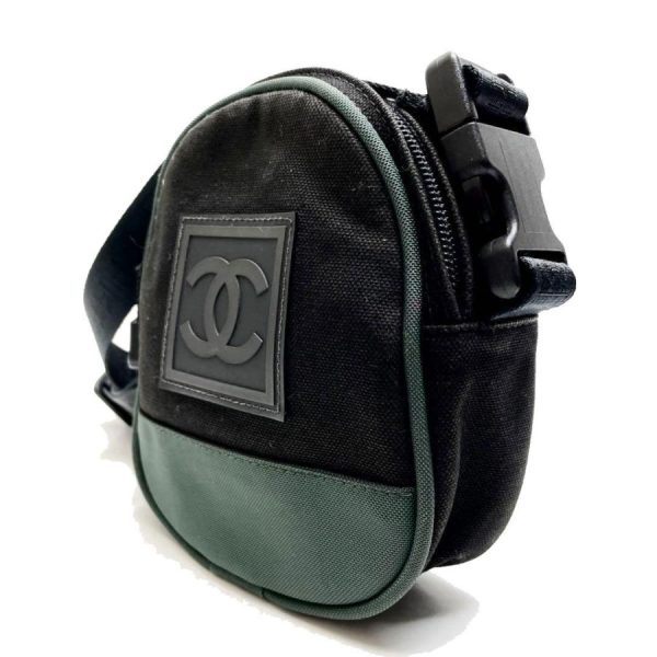 5 Chanel Sports Line Crossbody Waist Bag Canvas Nylon Black Green