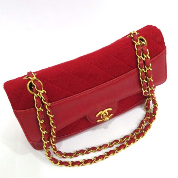 5 Chanel Matelasse Chain Shoulder Bag Red Cotton Leather