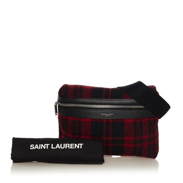 7 Saint Laurent Tartan Check Waist Bag Body Bag Red Black Wool Leather