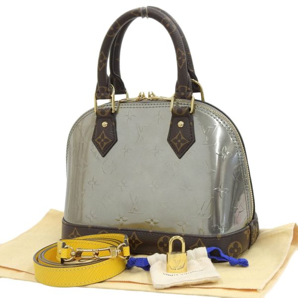 9 Louis Vuitton Monogram Vernis Alma BB 2 Way Bag Handbag Metallic Silver Yellow