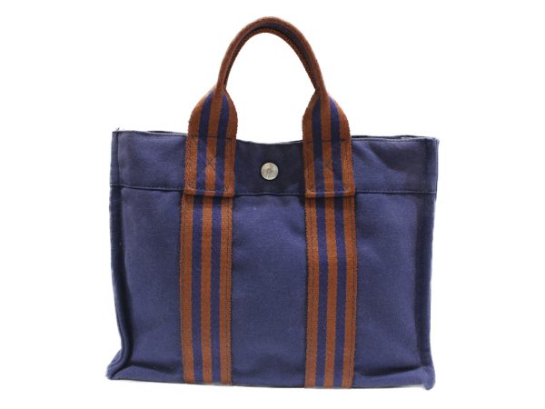 justbag01 HERMES Fool Toe PM Tote Bag Navy x Brown Canvas