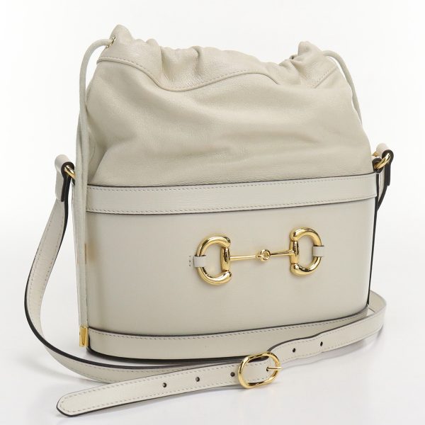 justbag01 GUCCI Crossbody Shoulder Horsebit Bucket Bag Leather White Rank A