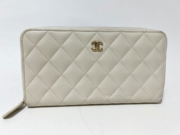 justbag01 Chanel Caviar Skin Matelasse Round Zipper Wallet Long Wallet White Silver Metal Fittings