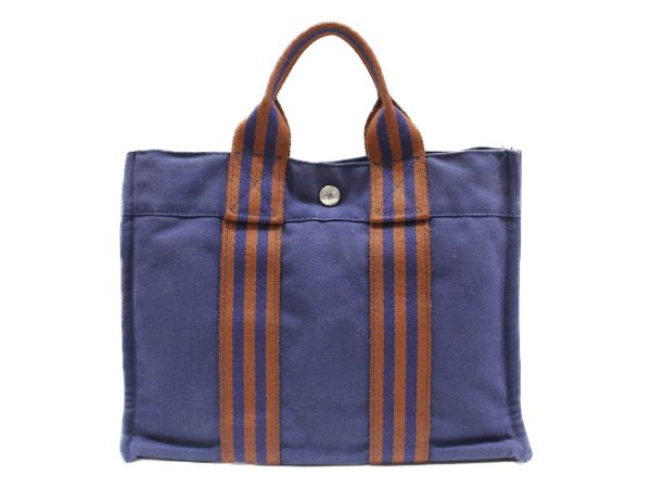 justbag04 HERMES Fool Toe PM Tote Bag Navy x Brown Canvas