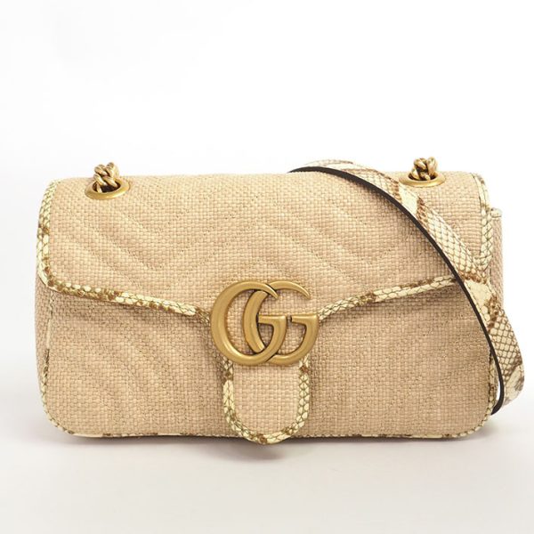 justbag1 Gucci Raffia Small Chain Shoulder Antique Gold Hardware GG Marmont Shoulder Bag Light Beige