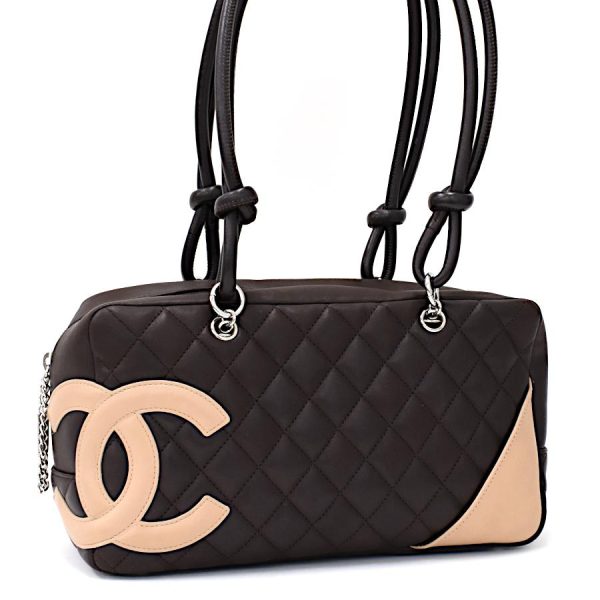 1 Chanel Cambon Line Bowling Bag Shoulder Bag Calfskin Leather Cocomark Dark Brown