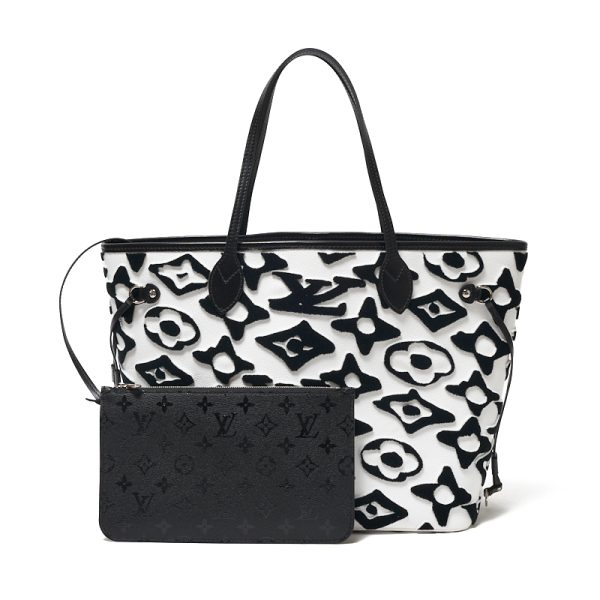 6 Louis Vuitton Neverfull MM Tote Bag Leather Tufted Monogram Canvas Black White