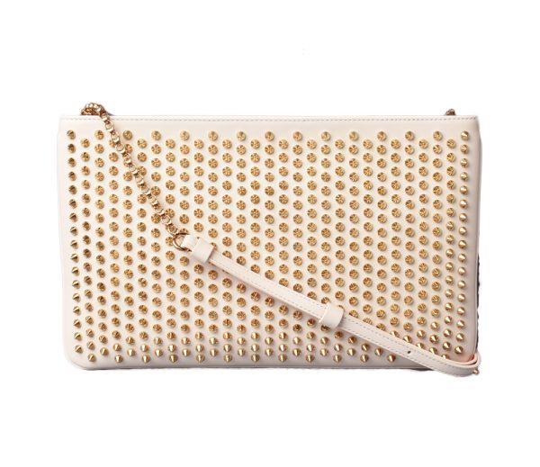 1 Christian Louboutin Paloma Clutch Shoulder Bag Calf Spike White Gold