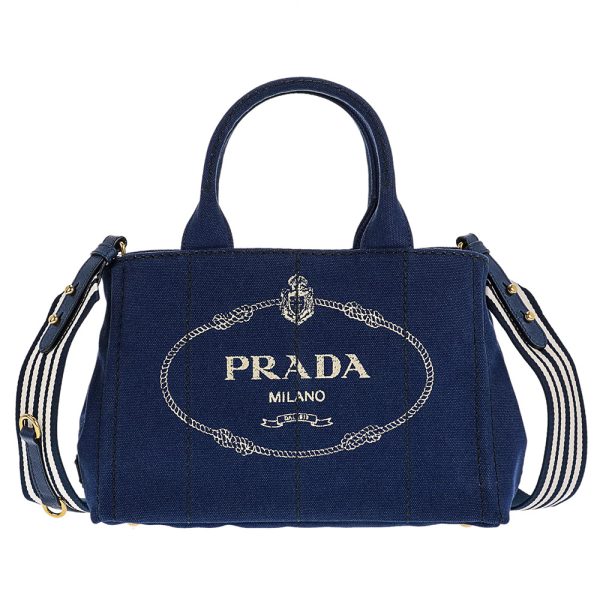 1 Prada 2 way Bag Cotton Canvas Blue X White X Gold