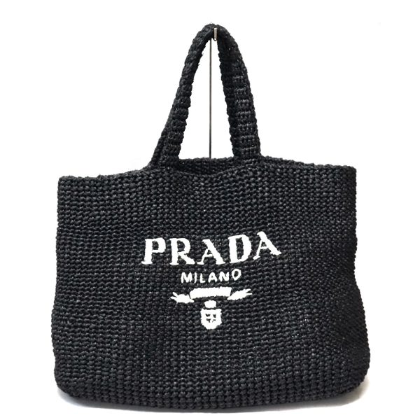 1 Prada Raffia Basket Tote Bag Black Silver Metal Fittings