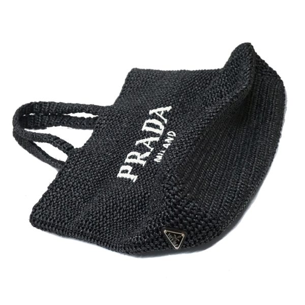 12 Prada Raffia Basket Tote Bag Black Silver Metal Fittings