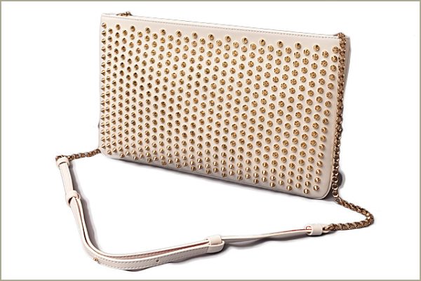 3 Christian Louboutin Paloma Clutch Shoulder Bag Calf Spike White Gold