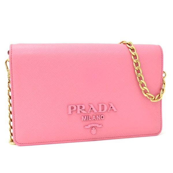 1 Prada Chain Shoulder Wallet 2 Way Clutch Bag Saffiano Leather Begonia