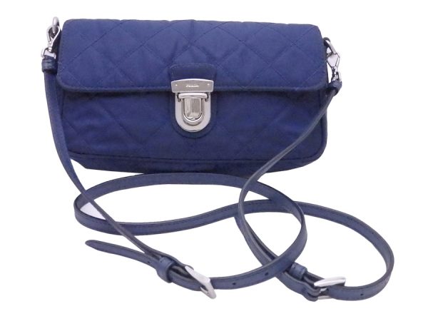 1 Prada Diagonal Shoulder Bag Nylon Leather Silver Metal Fittings Navy Blue