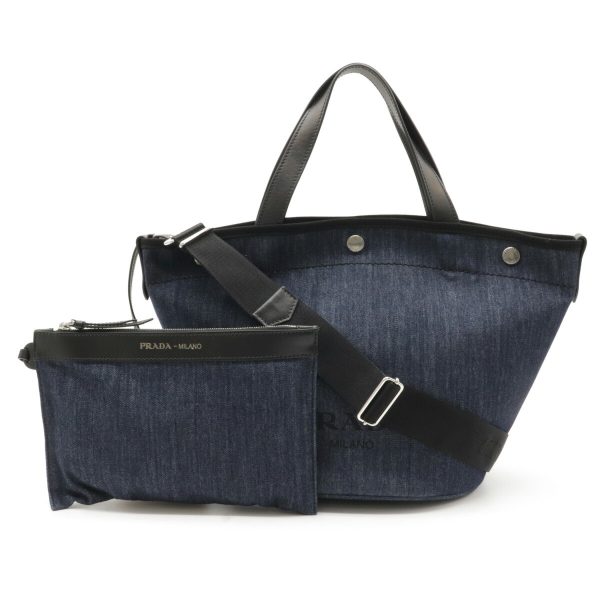 1 Prada Small Tote Bag Handbag 2 Way Shoulder Bag Denim Leather Blue