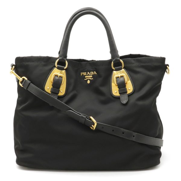 1 Prada Tote Bag 2 Way Shoulder Bag Nylon Leather Nero Black Gold Metal Fittings