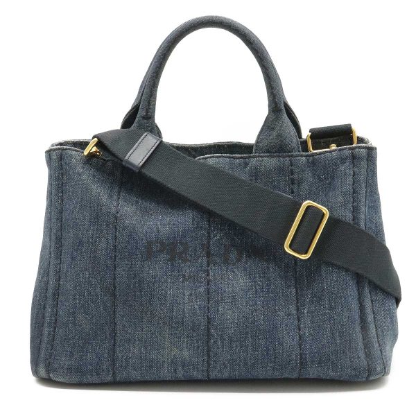 1 Prada Canapa Tote Bag Handbag 2 Way Shoulder Bag Denim Blue Gold Metal Fittings