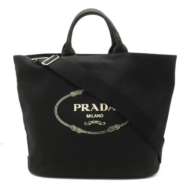 1 Prada Canapa Tote Shoulder Bag 2 Way Canvas Nero Black Silver Metal Fittings