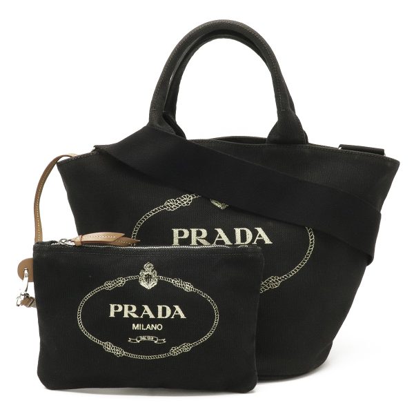 1 Prada Canapa Tote Shoulder Bag Diagonal Bucket Canvas Nero Black With Black Pouch