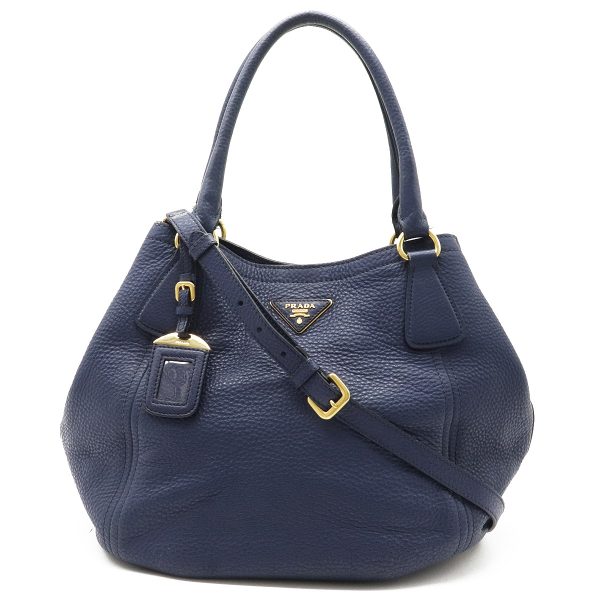 1 Prada Tote Bag 2way Shoulder Bag Leather Navy Blue Gold Hardware