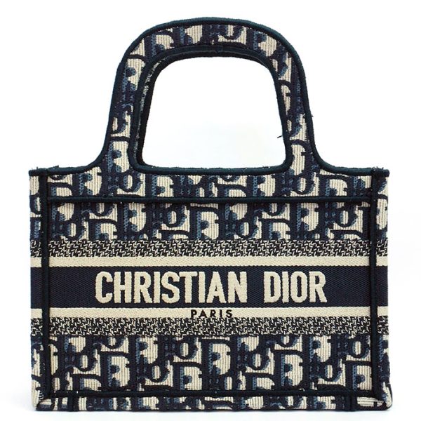 1 Christian Dior Oblique Embroidered Mini Tote Handbag Canvas Navy Beige