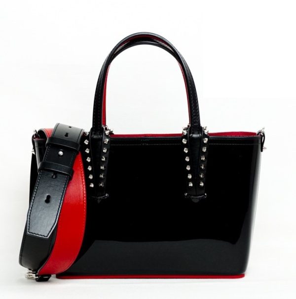 1 Christian Louboutin Tote Shoulder Bag Spike Studs Patent Leather Calfskin Black Red Silver Hardware