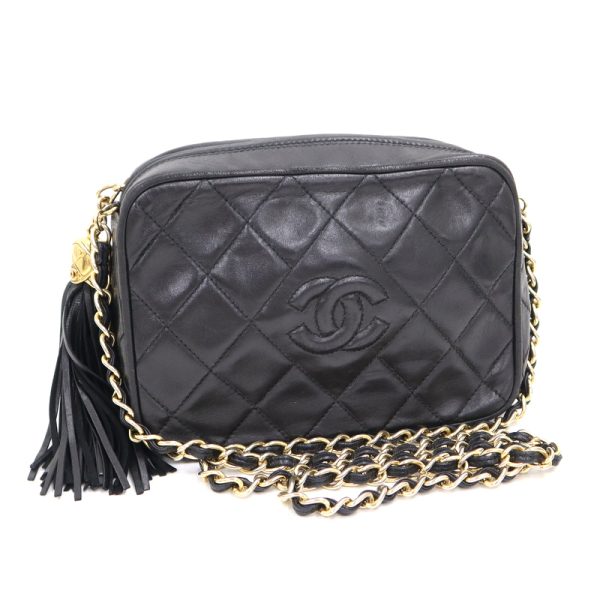 1 Chanel Fringe Tassel Chain Shoulder Bag Gold Metal Fittings Black Lambskin Leather