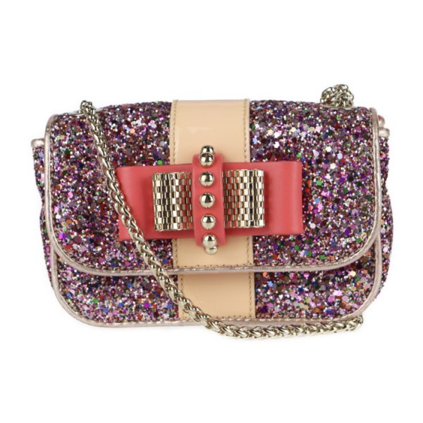 1 Christian Louboutin Sweet Charity Ribbon Shoulder Bag Party Bag Leather Glitter Pink Gold Hardware Multicolor